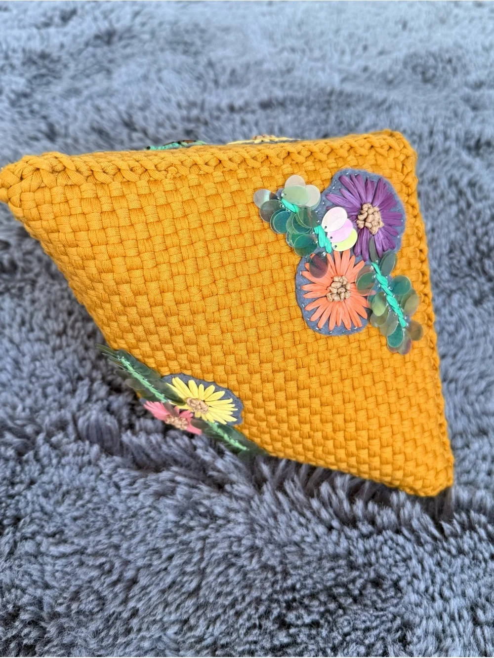Mustard Floral Pyramid Wristlet Clutch with Brown Strap